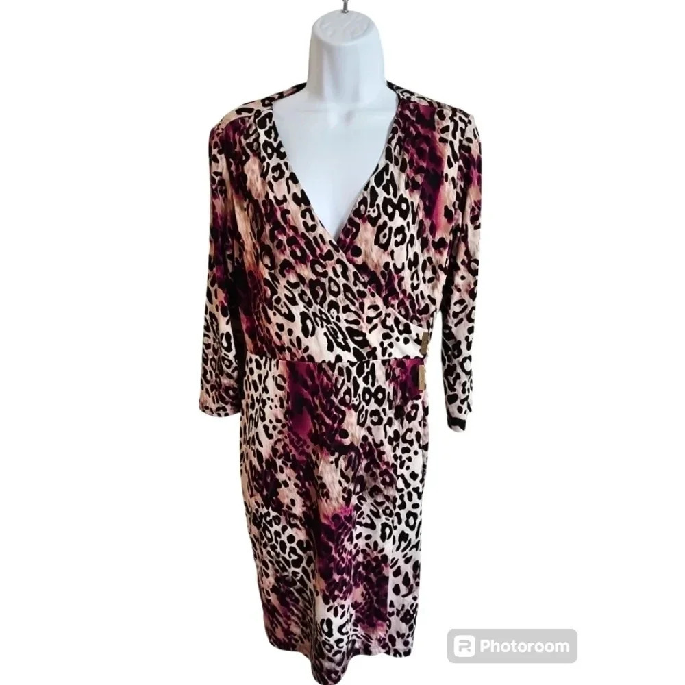 Calvin Klein Womens 6 Leopard Wrap Dress Purple Black Cocktail Party Y2K Luxury - Picture 2 of 8